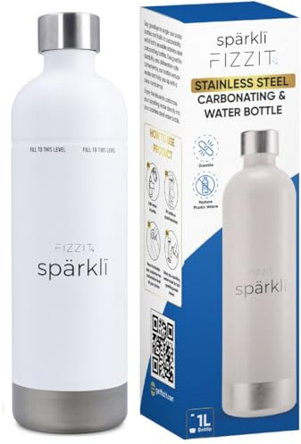 FIZZIT Stainless Steel Carbonating Bottle, 1L Stainless Steel Bottle, White