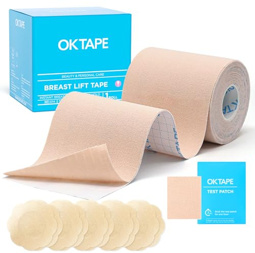 OK TAPE Nastro Adesivo Seno Boob Tapes Reggiseno Nastro Adesivo per Vestiti Nastro con 5 Paia di Copricapezzoli Set Nastro Invisibile per Abbigliamento,5cm x 5m,Rosa