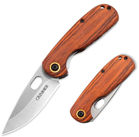 Carimee Klappmesser Kleines Taschenmesser mit Holzgriff für Outdoor Camping, scharfe Klinge, mit Lanyard-Loch, gut für den täglichen Gebrauch