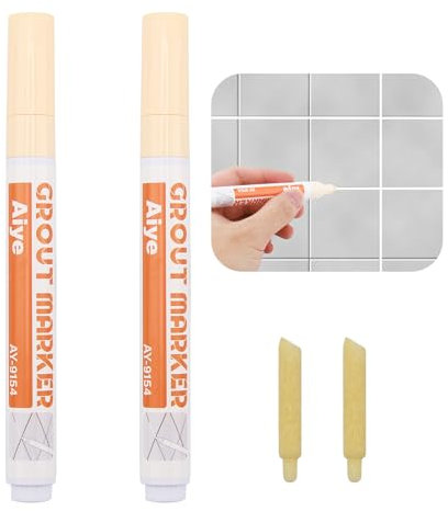 2pcs Marcador de Reparación de Azulejos, Rotulador para Juntas, Para Restaura Azulejos Piso Pared Baños Cocina, Equipado con Lápiz con Punta de Repuesto (Beige)