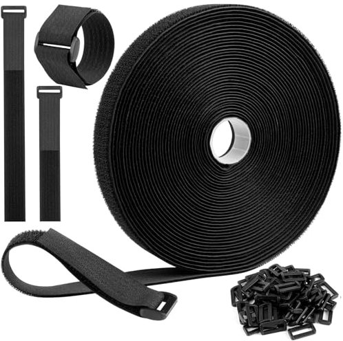 lomdung Sujetacables Reutilizables de 10m x 2cm con 50 Hebillas, Bridas para Organizador de Cables, Bridas Negras, para Cables de Oficina, Hogar, Jardín y Más