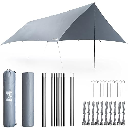 Trail Camping Tarp Shelter with Poles (3m x 4m), Lightweight Waterproof 4000mm HH, UPF50+ UV Protection, Outdoor Hiking Hammock Rain Fly, Portable Heavy Duty Tarpaulin with Pegs, Guy-Lines & Bag