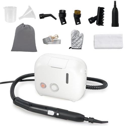 SOARS Limpiador de vapor de mano 1600 W, Presión de vapor: 3 bar, vapor ajustable a 2 niveles, máx. 180℃, tanque de agua: 1L, con 11 accesorios, para sofá, suelo, ventana, cocina (blanco)