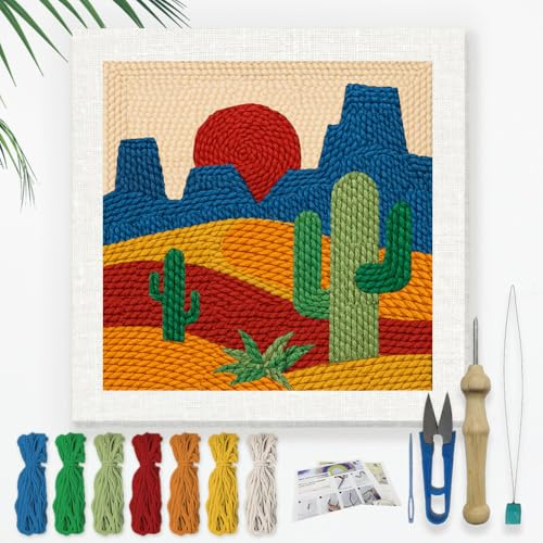 DOODLREAM Kit de broderie cactus à faire soi-même avec aiguille punch pour adultes débutants 24 cm montagnes coucher de soleil kit de broderie punch stitching pour débutants cadre motif tissu