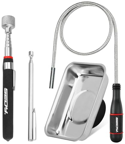 4-Piece Telescoping Magnetic Pickup Tools Set: 31in Portable Magnetic Pickup Stick, 25in Pen-Style Magnetic Pickup Tool with Pocket Clip, 20in Flexible Bendable Spring Magnet Stick, Magnet Parts Tray