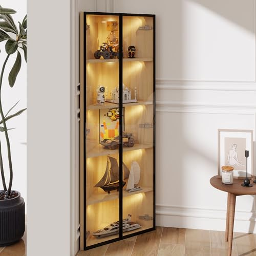 Oxtao Vetrina in vetro con LED, esterno in rovere, striscia luminosa integrata, armadio antipolvere in vetro temperato, vetrina angolare con porta, libreria, libreria (Oak-1)