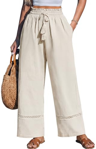 Sarin Mathews Womens Wide Leg Linen Pants High Waisted Drawstring Palazzo Casual Summer Beach Pants with Pockets Beige M