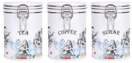 Purely Home Alice's Adventures in Wonderland Tea Coffee & Sugar Canister Set - White Metal Clip Lid Kitchen Storage Jars/Containers Gift 700ml (13cm x 9.5cm)