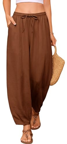 PASUDA Pantalones Mujer Verano 7/8 Largos Pantalón Cintura Alta Elástico Casual Pantalon Cómodos Frescos Pantalones Ligero Flojo Playa Pantalón con Bolsillos y Cordón(Marrón Oscuro,M)