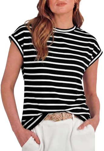 GRECERELLE Camisetas de verano para mujer, manga casquillo, cuello redondo, estilo casual, ligeras, elegantes, básicas