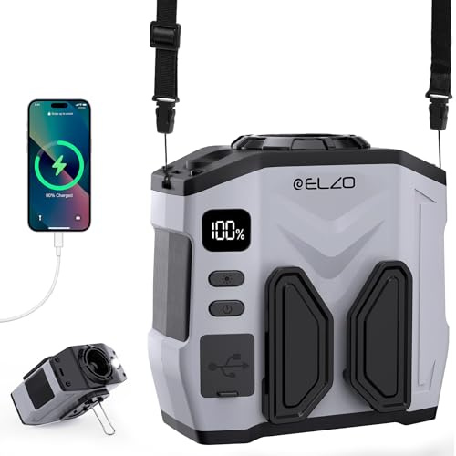ELZO Ventilatore portatile da 10.000 mAh, con clip sulla cintura, con 5 impostazioni di velocità, funzionamento a batteria ricaricabile, torcia, collo a mani libere, raffreddamento massimo 41 ore, per