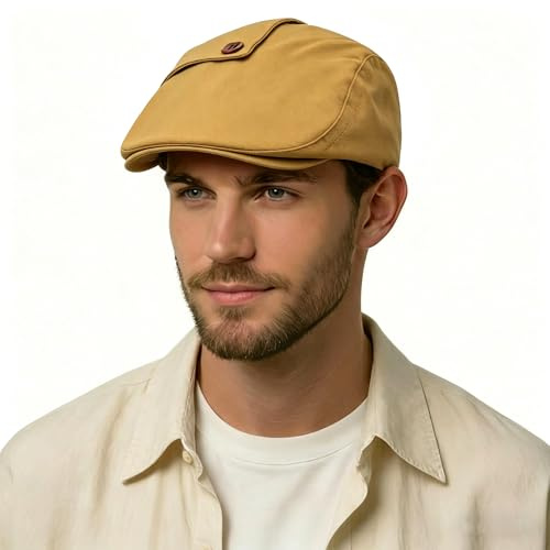 ZLYC Summer Ivy Peaked Cap Balloon Hat Cotton Flat Cap for Men, Button Decor Yellow, One Size