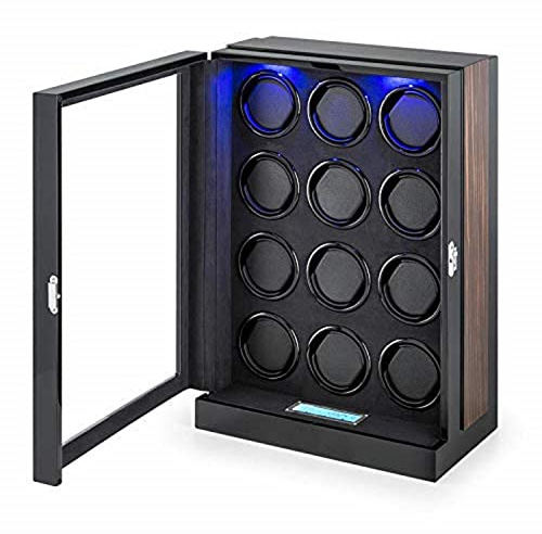 KLARSTEIN Klingenthal Single Edition - Estuche Relojes, Caja bobinadora, 12 bobinas, Capacidad para 12 Relojes, Panel de Control táctil, Iluminación LED, Elaborado a Mano, Vitrina de Madera, Negro