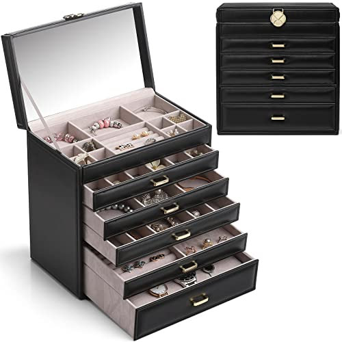 Vlando Schmuckkasten Schmuckschatulle Schmuckkästchen-Groß Schmuckbox-Damen, mit 6 Ebenen Schubladen aus Faux Leder für Schmuck Organizers Schwarz