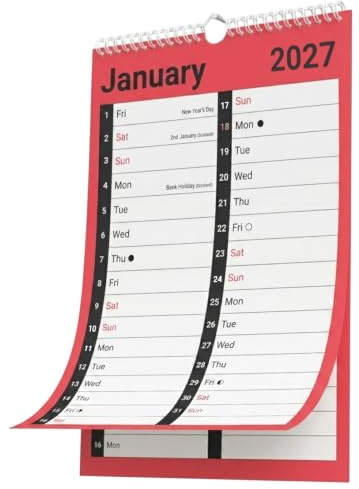 Calendario 2027, formato A4, grande, 2 colonne, visualizzazione mensile, rilegatura a spirale, calendario da parete mensile con spazio per appunti