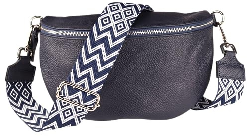 MIRROSI® Bauchtasche Damen, Echtleder, Made in Italy, Umhängetasche, Brusttasche, Crossbody Bag (1 Tasche & 2 Gurte) (Navy (Bohemian Navy Weiß), Große Tasche (28x18x9cm))