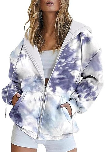 Winter Jacken Damen Frühlings- und Herbstmode-Kapuzenpullover Langarm-Taschen-Reißverschluss-Sportmantel Lose Blumen-Tie-Dye-bedrucktes Damen-Kapuzenpullover Grüner Hoodie Damen (C, XL)
