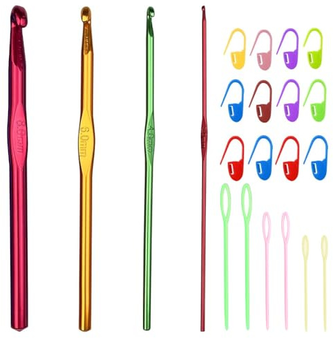 Set of 4 Aluminium Crochet Hooks, Multicoloured, Includes Stitch Markers and Plastic Needles with Large Eye