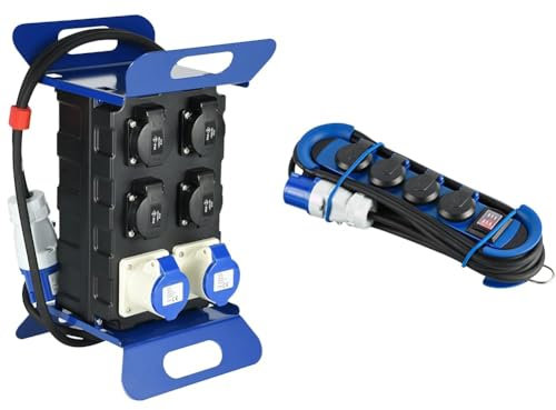 Electraline 60429 Quadro Elettrico di Distribuzione 4 prese Schuko, 2 Prese Industriali CEE & 62576 Multipresa Outdoor con Spina CEE, 4 Prese Schuko con tappo IP44