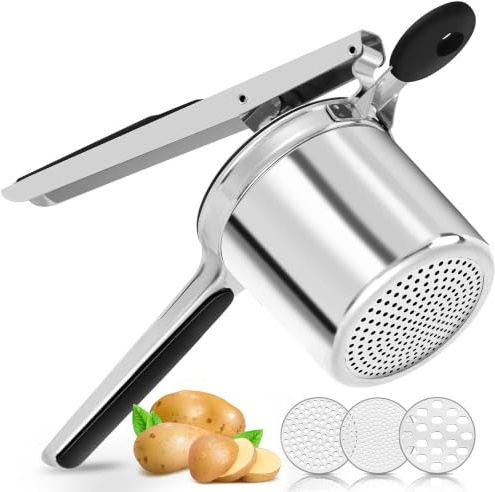 HI NATURE™ Schiacciapatate in metallo, schiacciapatate da cucina in acciaio inox con disco a 3 fori, schiacciapatate con manico in silicone, schiacciapatate per verdure e frutta, lavabile in