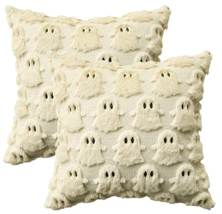 Artoid Mode Juego de 2 fundas de cojín de piel artificial suave de color beige fantasma Halloween, 40 x 40 cm, de terciopelo de felpa, para sofá, decoración para dormitorio