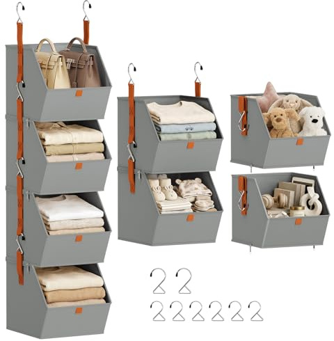 Homsorout 4 Tier Hanging Wardrobe Organiser - Foldable Hanging Shelves for Clothes, Fabric Storage Box Bedroom Organization with Zip, Space-Saving Baskets for Closet, Dorm, RV, Nursery, Grey