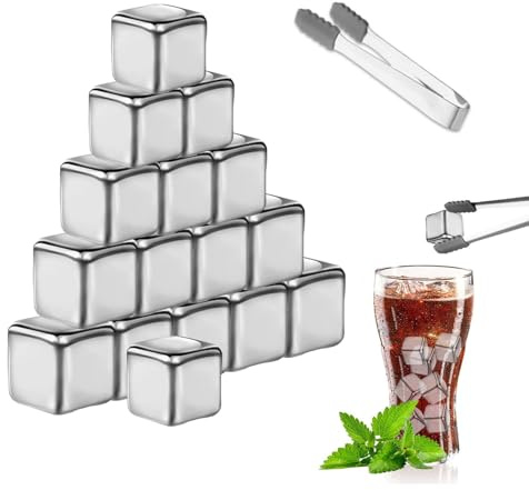 OMIGA 16 Pezzi Cubetti di Ghiaccio Riutilizzabili con 1 Pinze e 1 Scatola Trasparente Cubetti Set Ghiaccio Acciaio Inox Pietre Refrigeranti per Raffreddare Vodka Vino Amanti del Whisky Cocktail