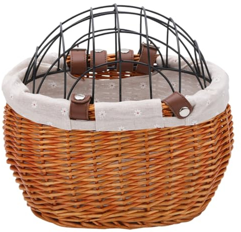 Dog Bike Basket, Natural Willow Pet Carrier with Removable Pad & Cover - Secure Bike Basket for Dogs Front Handlebar Mount, Brown, Dog Carrier