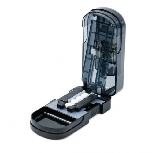 TMEOPR Coupe comprimés avec fixation automatique, divise en 2 ou 4, rangement intégré pour cachets, brosse nettoie, étui de voyage petit, noir