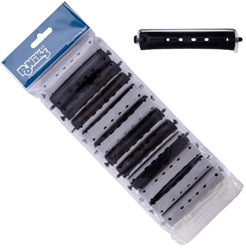 PONIK'S PROFESSIONAL - Dauerwellen Wickler, Lockenwickler für Dauerwelle Set, Haarwickler 12 Stück, Lockenwickler Dauerwelle 16 mm, Klein Kaltwellwickler mit Rundgummilaschen - Schwarz Grau