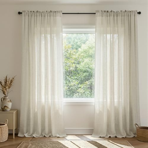 Beige Linen Curtains 96 Inches Long 2 Panels Set, Ready For Ring Clips, 8 FT Length Floor to Ceiling Drapes, Semi Sheer Light Filtering Flat Draperies for Living Room Bedroom Bay Window Dining Room