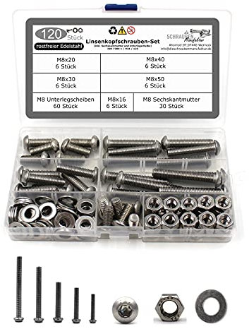 120 teiliges Set aus Linsenkopfschrauben mit Innensechsrund/Torx (TX) nach Norm ISO 7380-1 + Sechskantmutter DIN 934 und Unterlegscheibe DIN 125 Edelstahl Größe M8