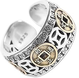 JUNTEN Feng Shui Coin Rings 925 Sterling Silver Lucky Wealth Money Ring Band for Men Women for Attracting Fortune Success