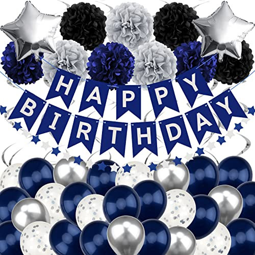Recosis Marineblau Geburtstagsdeko, Happy Birthday Banner mit Pompoms Papier Girlande Wimpel Spiral und Luftballon Kindergeburtstag für Mädchen Junge Mann Frauen Geburtstags Dekorationen