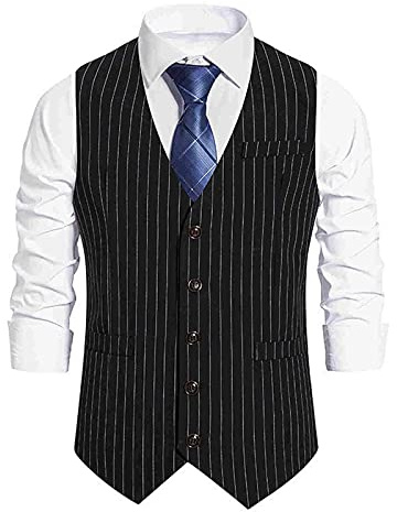Gilet de costume vintage rétro élégant slim fit basique rayé d'affaires décontracté pour chemises sans manches homme noir L