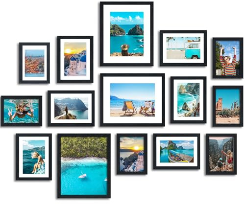 Fixwal Picture Frames Set, 15 Pack Black Picture Frames Collage Wall Decor for Assorted Photos, Three 8x10, Six 5x7, Six 4x6 for Wall Hanging or Tabletop Display