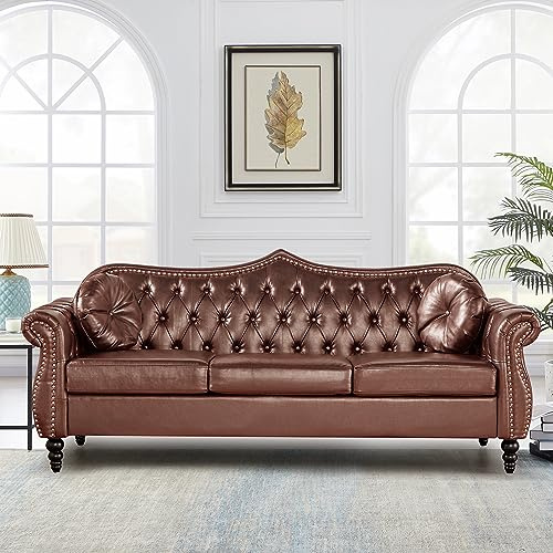 AVZEAR 82 Three Seater Sofa, Chesterfield Sofa, Mid-Century Modern PU Upholstered Sofa, Deep Button Tufted Living Room Sofa with Two Throw Pillows, Brown