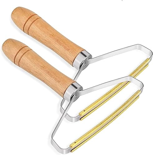 Bärbar luddborttagare tyg rakapparat (2-pack) med trähandtag för kläder, husdjurshår, mattor och mer