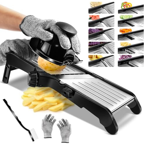 HEVOL Mandolino Affetta Verdure, 5 in 1 in Acciaio Inox Multifunzione Regolabile per Cetriolo, Affetta Verdure Manuale per Patate e Formaggio, con Guanti Antitaglio e Spazzola di Pulizia