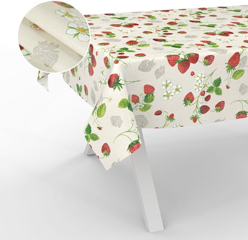 Nappe en Toile cirée, Lavable, pour Table de Jardin, extérieur et intérieur, Bord coupé, Motif Fraises, 220 x 140 cm