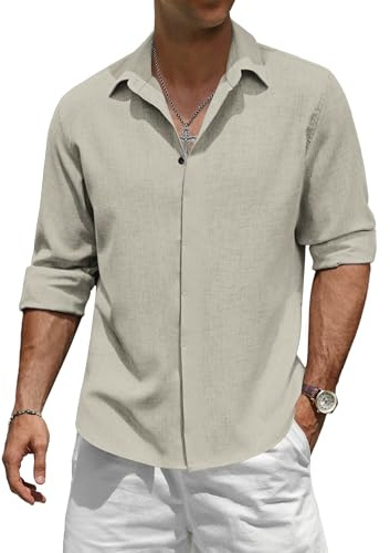 TARAINYA Chemise Homme Lin éTé Manches Longues Casual Regular Fit Boutons Cachés Décontractée Kaki 3XL