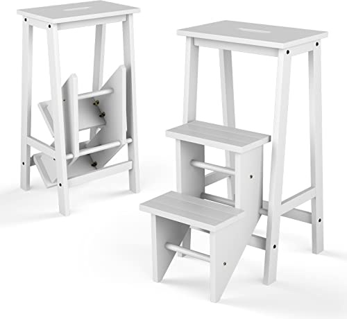 GYMAX Sgabello Pieghevole a 3 Gradini in Legno Massiccio, Carico 310kg, Sgabello Scala Portatile, Leggero Multifunzionale con Gradini Reversibili, Maniglia di Trasporto, per Casa, Ufficio (Bianco)