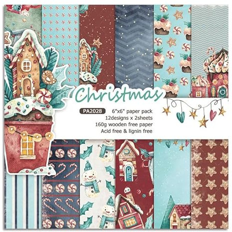 Syntego Lot de 24 feuilles, 12 designs artistiques de papier décoratif de Noël pour scrapbook, sans acide, 160 g/m², simple face 15,2 cm x 15,2 cm (6 po x 6 po)