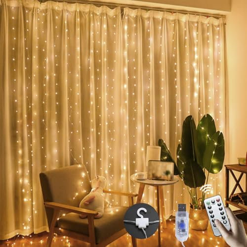 Wekrigh Tenda Luminosa, 300 LED 3 * 3 Luce per Tenda 8 Modalità Tenda di Luci Dimmerabile IP65 Impermeabile con Telecomando Tenda Luci Natale per Interni, Matrimoni, Finestre, Camera - Bianco Caldo