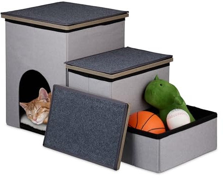Relaxdays Hundetreppe 3 Stufen, mit Höhle & Stauraum, Hunde & Katzen, HBT: 41,5 x 72 x 33 cm, Faltbare Tiertreppe, grau