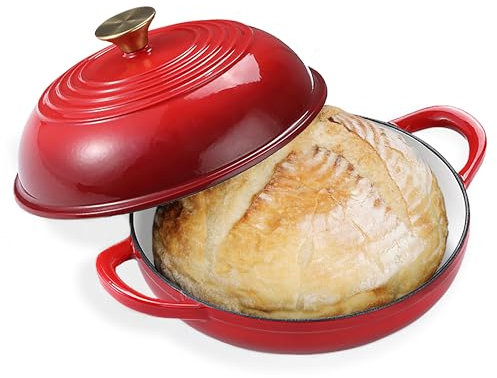 NSIRONS Enameled Round Cast Iron Bread Oven, 6 Qt Cast Iron Dutch Oven for Homemade Sourdough Bread Baking, Bread Pot with Dome Lid (Red)