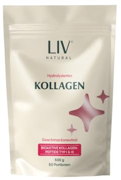 LIV Kollagen Pulver, 500g | Absolut geruchs- und geschmacksneutral | Hydrolysiertes Collagen, Typ 1 & 3 Kollagenfasern | SOLUGEL® 100% zertifizierte Grasfütterung | Ohne chemische Zusätze