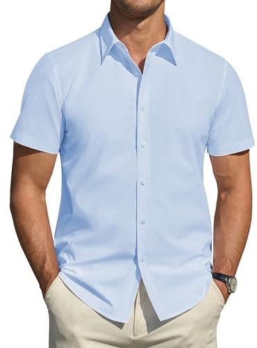 J.VER Men's Blue Short Sleeve Formal Shirt Regular Fit Stretch Stain Shield No Iron Casual Summer Work Wedding Button Down Shirts M