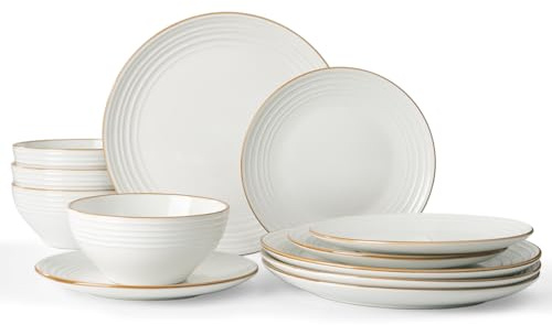 Richmount Jupiter Plates and Bowls Set, Reactive Glaze Dinner Set for 4, 12 Pieces Stoneware with Gold Rim, Scratch Resistant Dinnerware Service for 4, Microwave & Dishwasher Safe, White