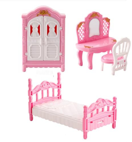 KARLOR Möbelset för dockhus, 4-delat set i miniatyrmöbler, rosa säng sminkbord skåpstol, 1:12 dockhustillbehör minimöbler sovrum flickor dockmöbler (sovrum)